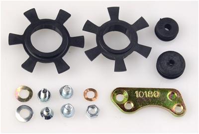 FK214 Lumenition ignition distributor fitting kit includes two black rubber grommets, two black spacers, and assorted metal screws and washers in a gold and silver finish.