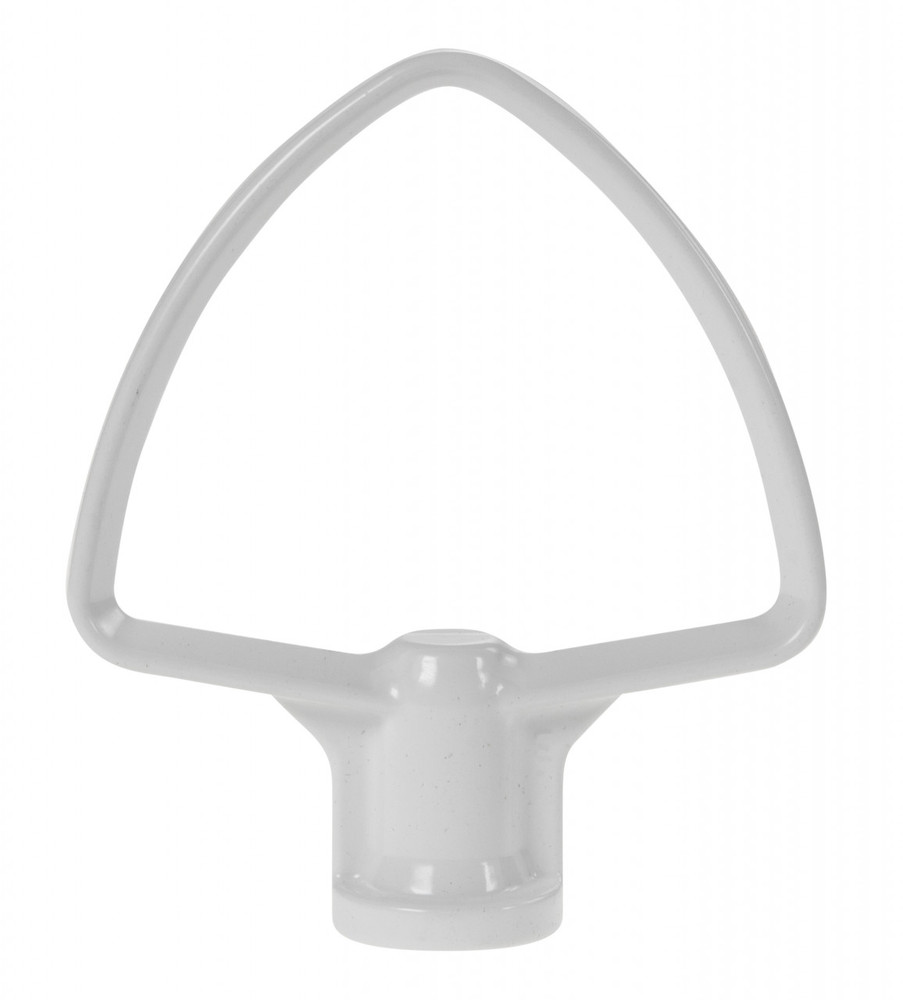 White flat beater attachment for KitchenAid mixers, featuring a sturdy, triangular design with a smooth finish and a central hub for easy attachment.