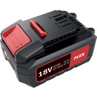 Black and red Flex 18v cordless Li-Ion battery pack with 5.0 Ah capacity and compact design.