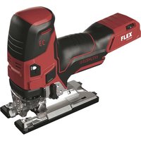 Red and black Flex cordless jigsaw with brushless motor, ergonomic body grip, and adjustable base plate.