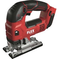 Red and black Flex cordless jigsaw with brushless motor, ergonomic handle, and precision cutting blade.