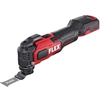 Red and black Flex cordless oscillating multi-tool with Starlock Max blade and ergonomic grip.