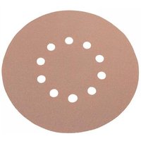 Round sanding paper with hook and loop backing, 180 grit, beige color, featuring multiple circular holes, pack of 25.