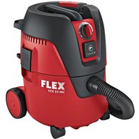Red and black Flex VCE 22 MC M Class vacuum cleaner with hose, wheels, and control dial on top.