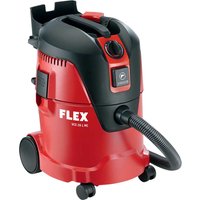 Red and black Flex VCE 26 L MC vacuum cleaner with hose, wheels, and top handle, designed for safety and efficiency.