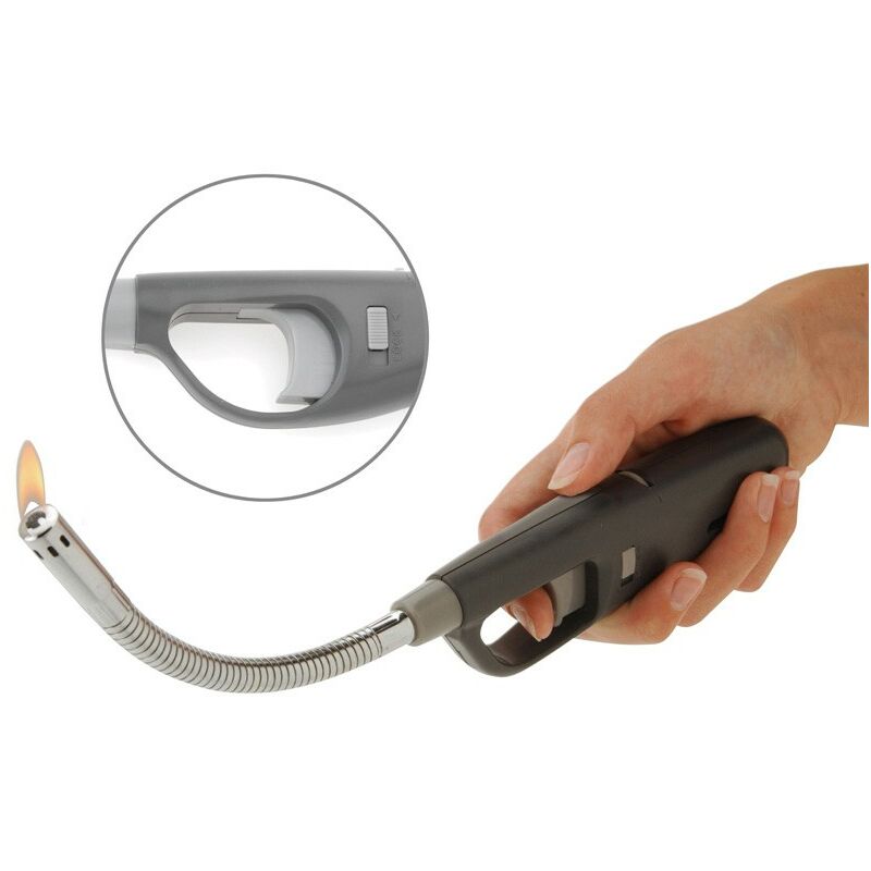 Rechargeable flexible kitchen lighter by WURKO, featuring a sleek black handle, a curved metal nozzle, and a flame at the tip, ideal for lighting candles and grills.