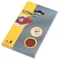 Flexovit sanding block refill kit with six fine 120G sheets, yellow and gray packaging, and hook & loop design.