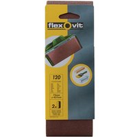 Flexovit sanding belt pack with two 457x75mm fine 120G belts, brown color, in yellow and gray packaging.