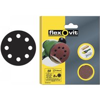 Flexovit sanding disc 125mm, fine 120G, with hook & loop backing, pack of 15, shown with packaging.