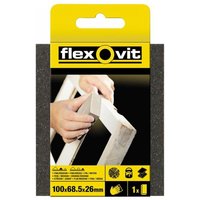 Flexovit sanding sponge pack with yellow label, showing hands sanding wood, size 100x68.5x26mm, fine/medium grit.