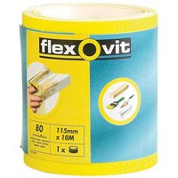 Yellow Flexovit sanding roll, 115mm x 10m, medium grit 80G, with blue label and product images.