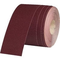 Maroon Flexovit Aluminium Oxide Sanding Paper Roll, coarse grit, unwinding from a cylindrical core.