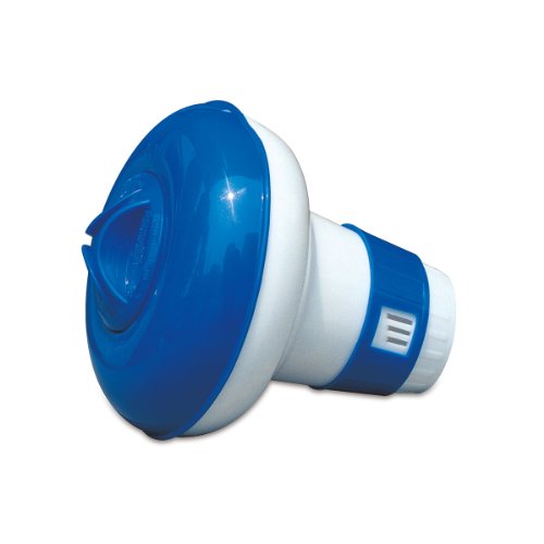 Blue and white chemical float for swimming pools, featuring a rounded top with a twist cap and a cylindrical base for dispensing pool chemicals.