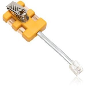 Yellow modular adapter with a 4-wire inline connection, featuring a metal clip and a clear plastic connector at the end, designed for electrical testing and connectivity.
