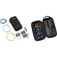 Fluke FMC-10G network analyser accessory set with cables, connectors, and black carrying case with compartments.