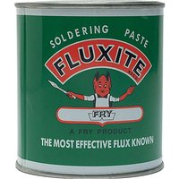 Green Fluxite tin of soldering paste with red logo and cartoon devil mascot.