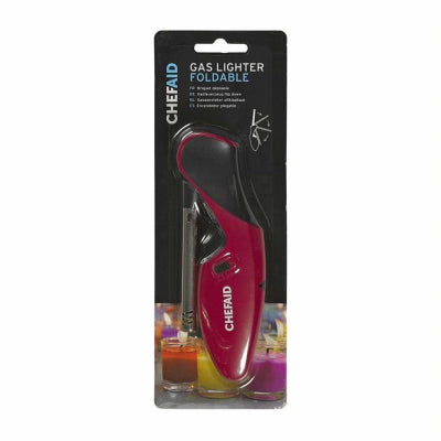 Red and black foldable utility lighter with a curved handle, featuring a safety lock and a long nozzle, packaged on a card with colorful candle images.