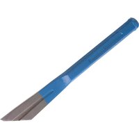 Blue-handled Footprint grooved plugging chisel with a flat, angled steel blade.