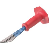Red-handled Footprint Plugging Chisel with blue steel blade and red guard.