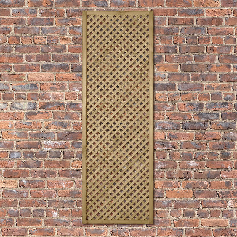 5'11" x 1'11" diamond lattice panel in natural wood finish, featuring a geometric lattice design, set against a rustic brick wall background.