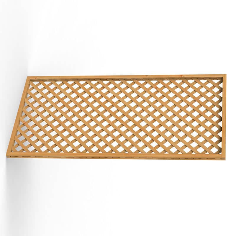 Wooden diamond lattice trellis fence topper in natural wood finish, measuring 6' x 3', featuring a crisscross pattern ideal for climbing plants and garden decoration.