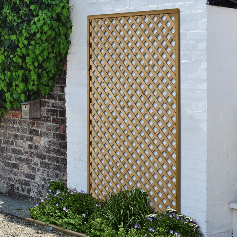 Rosemore pressure-treated diamond lattice in natural wood finish, measuring 6' x 4', features a crisscross pattern, ideal for garden privacy or decorative support.
