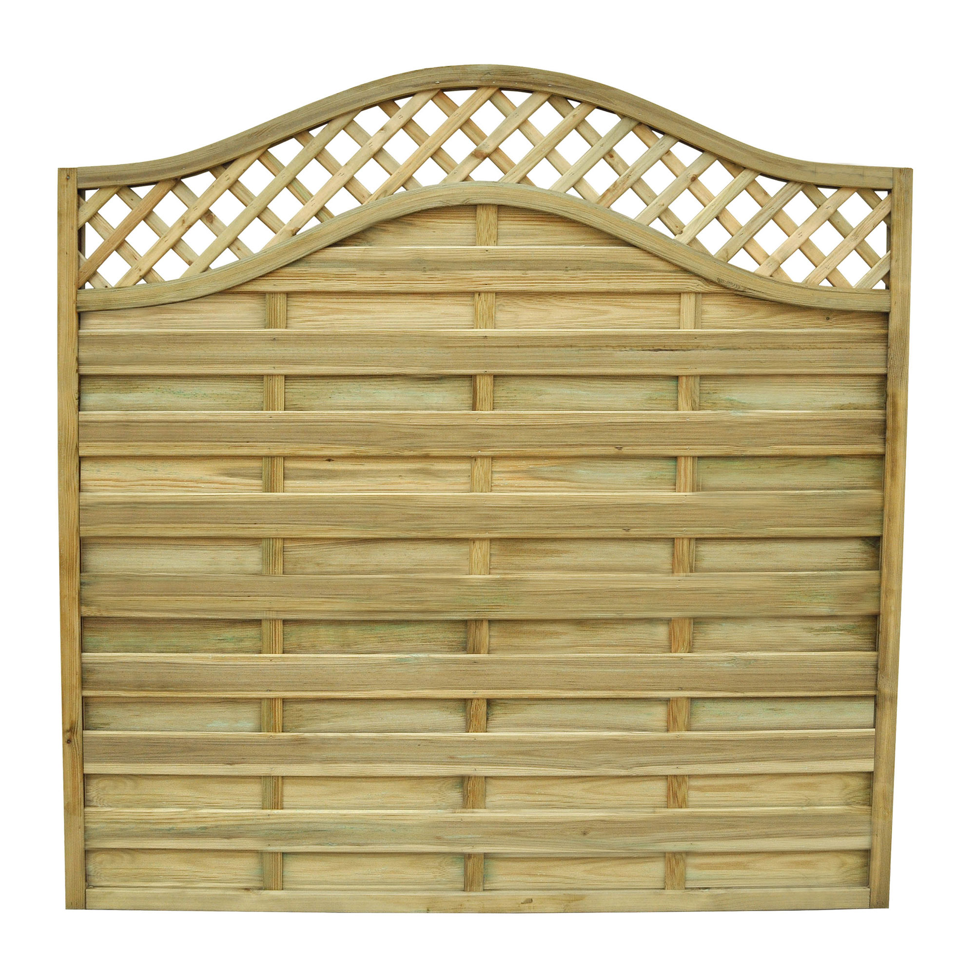 Decorative fence panel featuring a pressure-treated wooden design with a curved top and lattice detailing, measuring 6' x 6' (1.8m x 1.8m) in natural wood color.