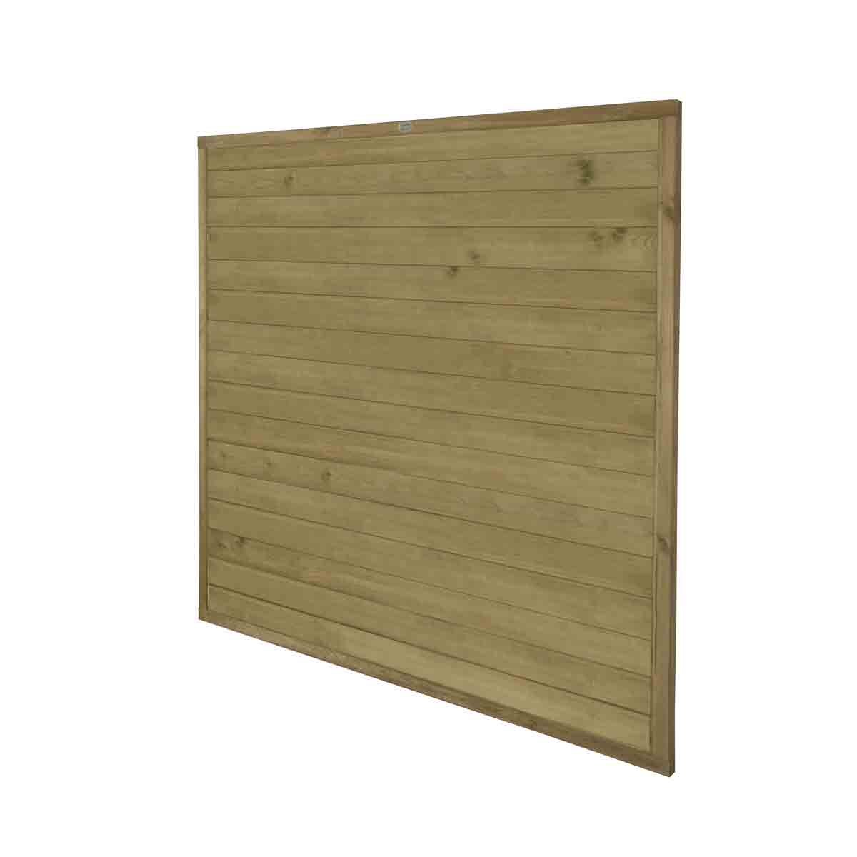 Pressure treated tongue and groove fence panel in a natural wood finish, measuring 6' x 6', featuring horizontal slats and a sturdy frame.