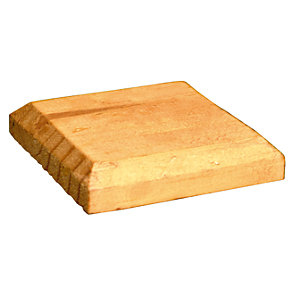 Square wooden fence post cap measuring 13 x 13 cm, featuring a smooth surface and sloped edges, finished in a natural wood color.
