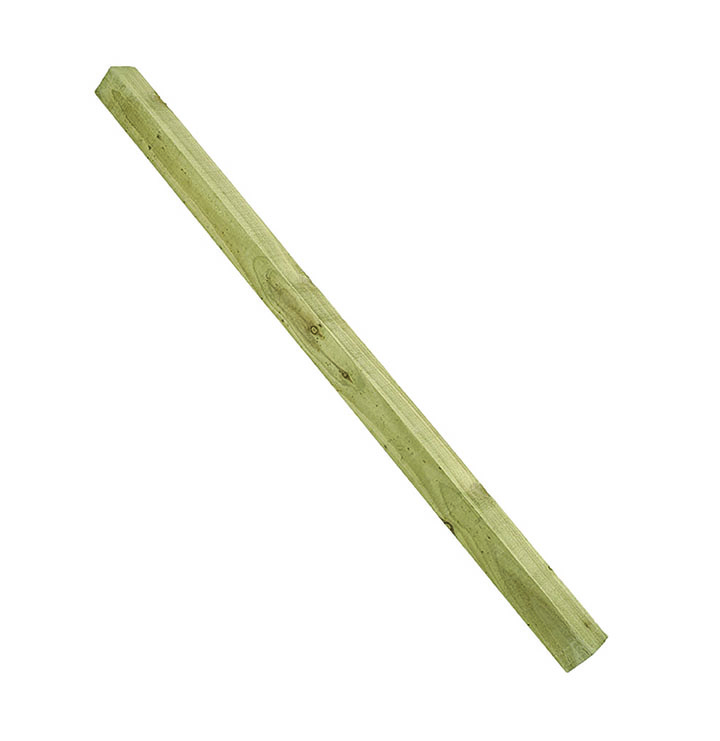 Green wooden fence post measuring 6ft in length, with dimensions of 180 x 7.5 x 7.5 cm, featuring a smooth finish and pointed top for easy installation.