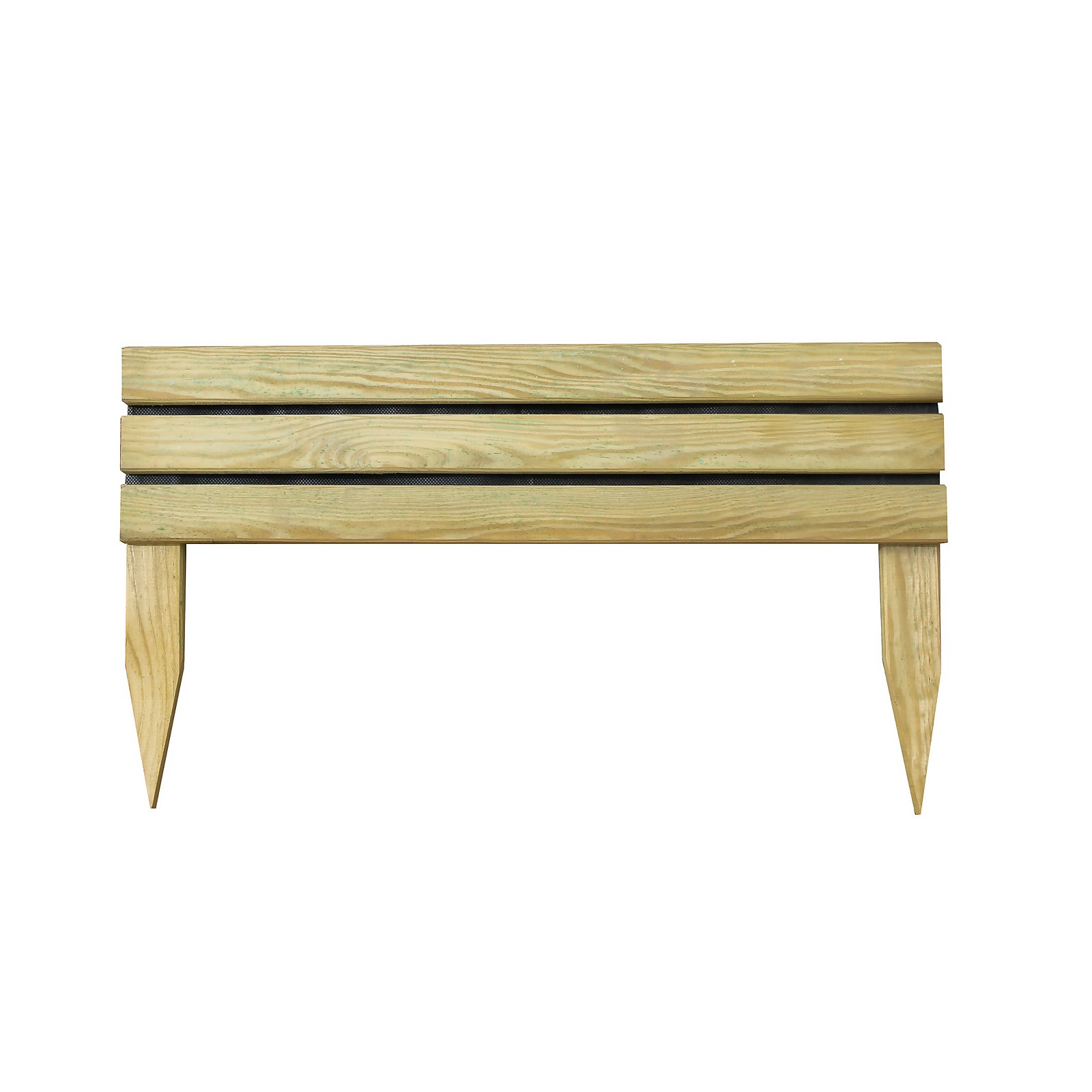 Slatted garden edging in light green treated wood, featuring three horizontal slats and two pointed stakes for easy installation in soil.