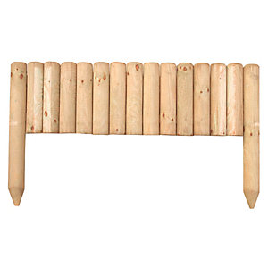 Light wooden timber border edging featuring a series of evenly spaced, rounded logs with pointed ends, measuring 150 x 1000 mm, ideal for garden landscaping.