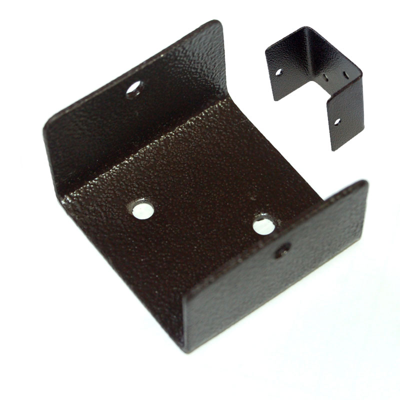 Brown metal U clip brackets with a textured finish, featuring two larger brackets and one smaller bracket, designed for securing fence panels, packaged as a set of four.