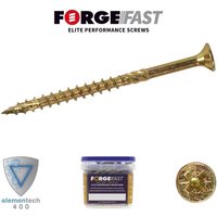 ForgeFast Elite Fast-Start Woodscrews, 5.0 x 40mm, gold finish, sharp tip, tub of 800, with branding and logo.