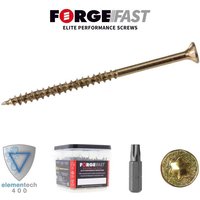 ForgeFast FFT570YT gold woodscrew, 5.0 x 70mm, sharp tip, partial thread, tub of 450 with bit and logo.