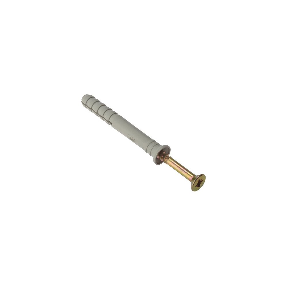 Hammer fixing and plug in a metallic gold color with a wide, flat head and a ribbed body, designed for M8 screws, packaged in a bag of 10 pieces.