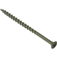 Green ForgeFix decking screw with Pozi drive, anti-corrosion coating, and sharp threaded shank.