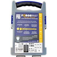 Gray plastic organizer case for Forgefix Forgefast wood screws with blue handle and detailed product information label.