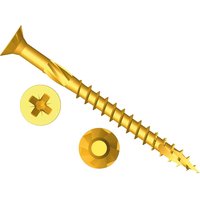 Golden Forgefix wood screw with Pozi drive, sharp tip, and countersunk head, featuring deep threads for strong grip.