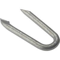 Galvanised U-shaped netting staple with pointed ends, metallic finish, by Forgefix.