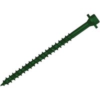 Green hexagonal Torx timber screw with sharp threads and flat head by Forgefix.