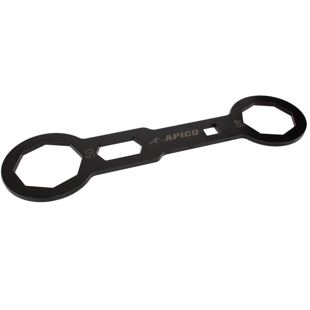 Black fork wrench tool with dual openings for 46mm and 50mm sizes, featuring the Apico logo and a sturdy design for removing Showa fork caps.