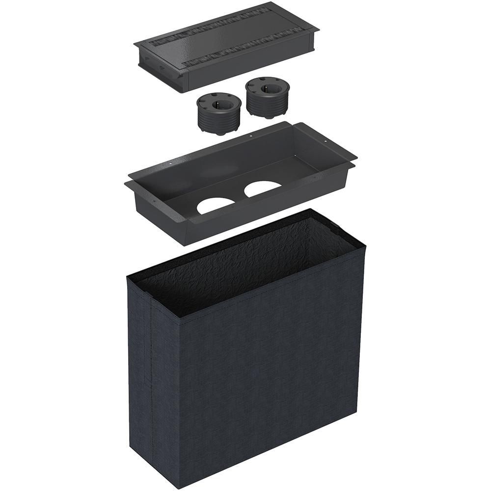 Black rectangular planter with removable inner components, including two circular inserts and a drainage tray, designed for versatile planting options.