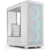 White Fractal Design PC case with clear tinted glass, RGB fans, and mesh front panel.