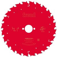 Red Freud circular saw blade with 24 teeth, 210mm diameter, and central hole, featuring printed logos and text.