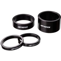 Black FSA Alloy Headset Spacers in various sizes with white logo, cylindrical and smooth finish.