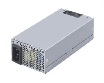 Silver metal power supply unit with a compact Flex ATX design, featuring a ventilation grille, power input socket, and labeled specifications on the side.