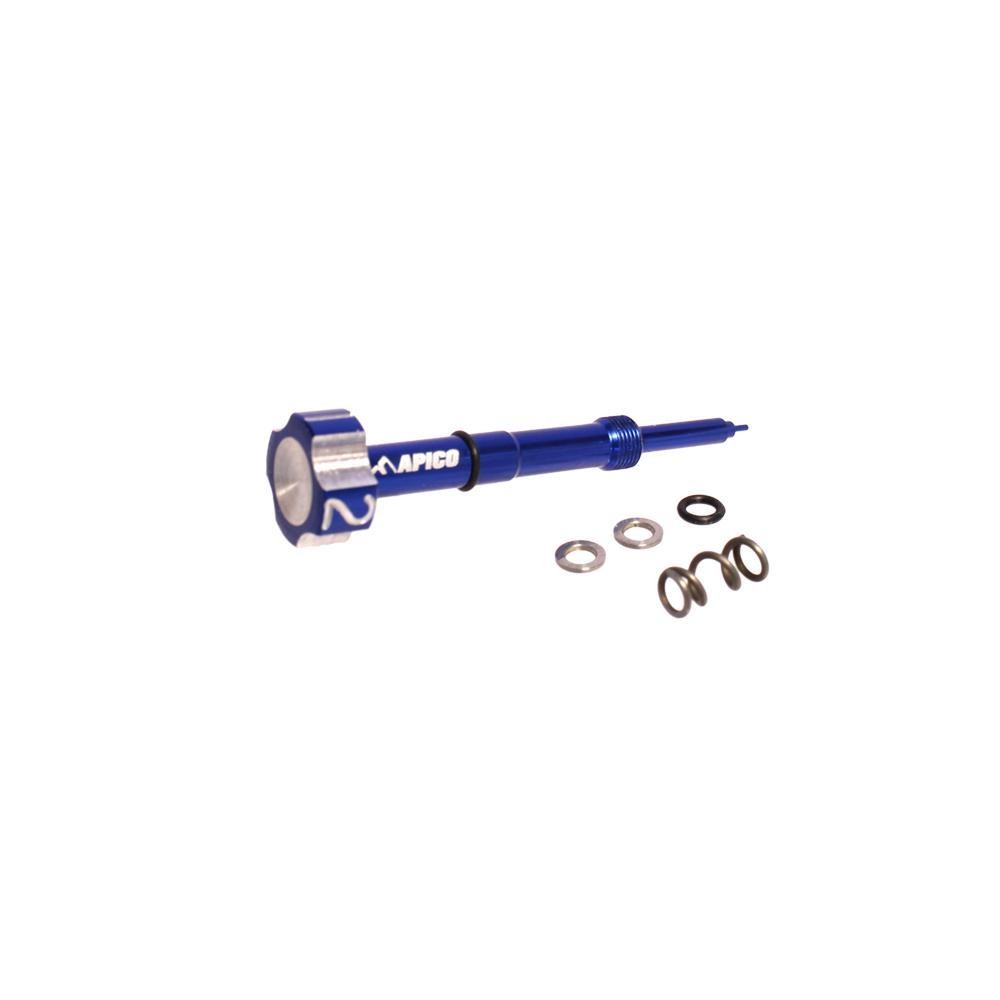 Blue anodized aluminum fuel mixture screw with a hexagonal head, featuring a silver accent, accompanied by several washers and O-rings for installation.