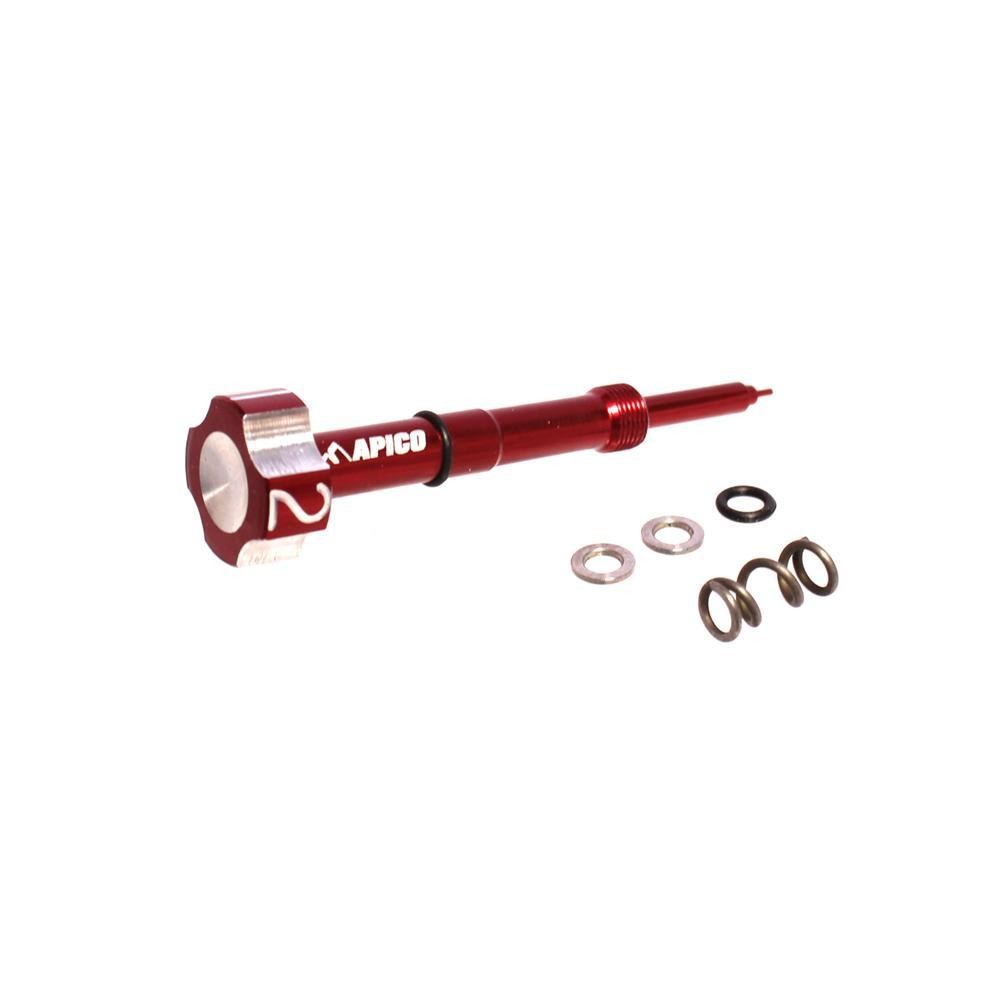 Red aluminum fuel mixture screw with a hexagonal head, featuring the Apico logo, accompanied by several washers and O-rings for installation.