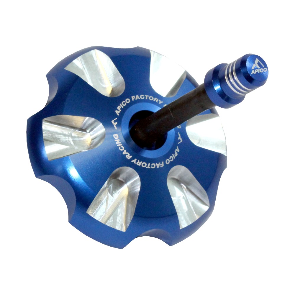 Blue alloy fuel cap with a textured grip and six machined grooves, featuring the Apico logo and designed for Sherco SE-R and SE-F models from 2008 to 2023.